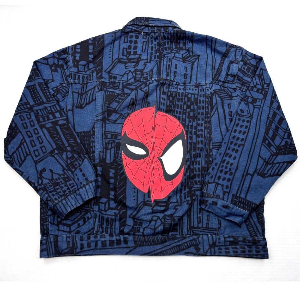 Marvel Spiderman Kids Denim Jacket Blue City Print Superhero Trucker Size 16
